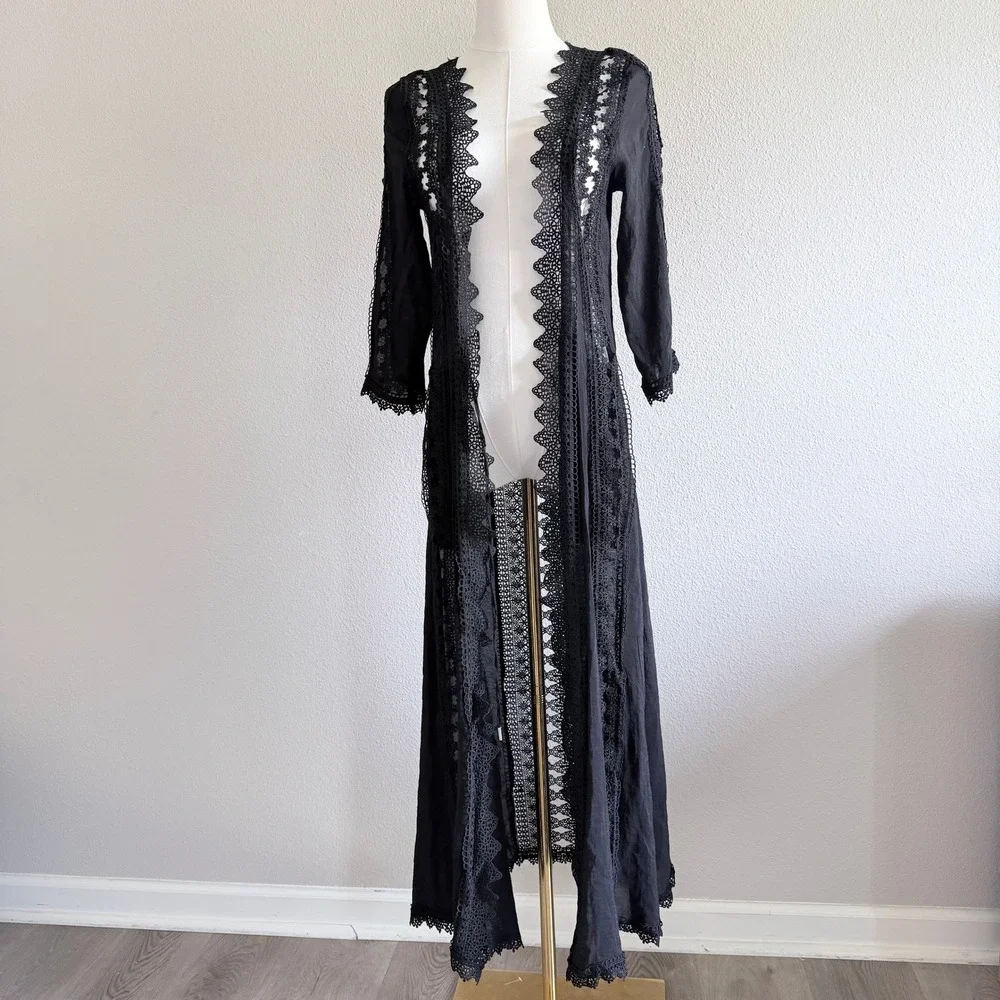 ELAN Beach Festival Crochet Long Cover Kimono Lace Maxi Tie Front Small
